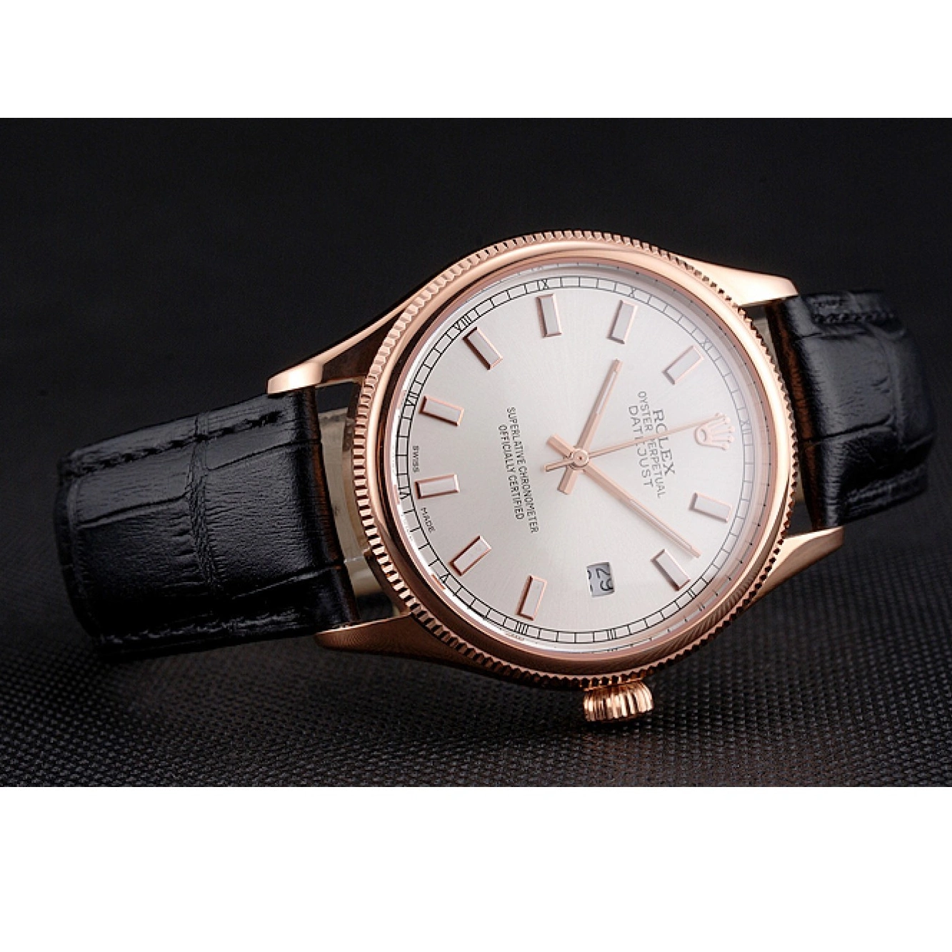 Aaa fake watches Strap Leather Datejust White Case Black Gold Rose Swiss Dial Rolex 0705